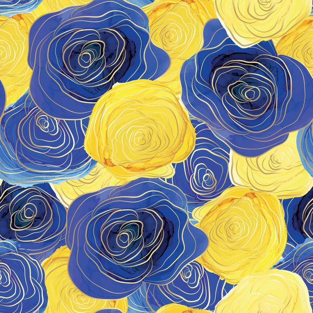 Jersey / COTON LYCRA (CL) - HEAVY / Fleurs rondes bleu et jaune ligné dorée - La Fabrique du Tissu - Coton Lycra (CL) imprimé